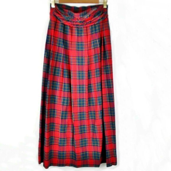 Talbots 80's Vintage Royal Stewart Red Tartan Pleated Belted Maxi Skirt  Sz 4 - Picture 1 of 9